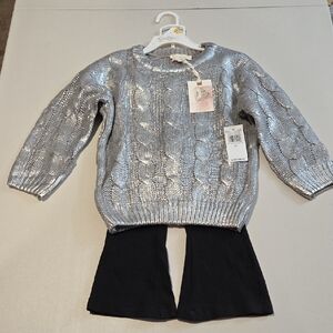 Jessica Simpson Silver Cable Knit Sweater with Black Pants Size 3T. NWT
